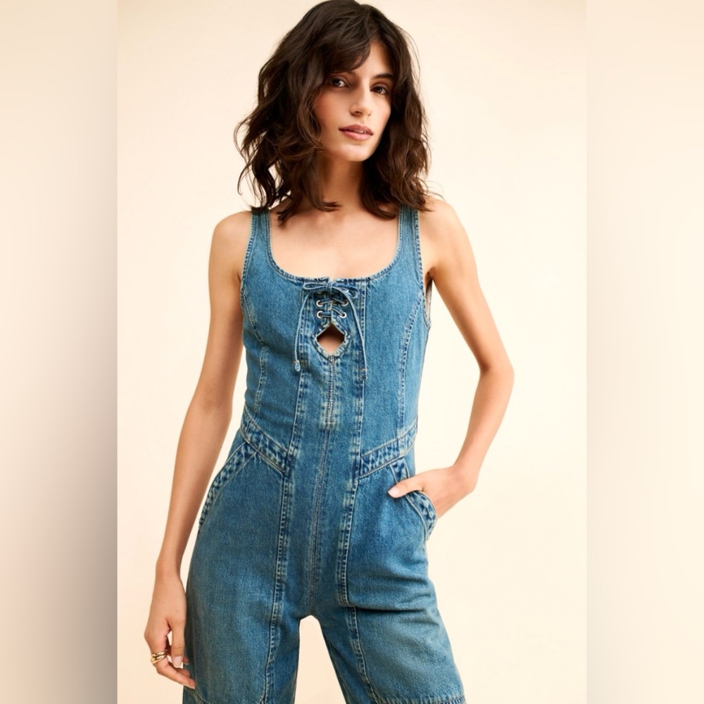 Free People Amina Denim Wide-Leg + Lace-Up Jumpsuit - Picture 3 of 16